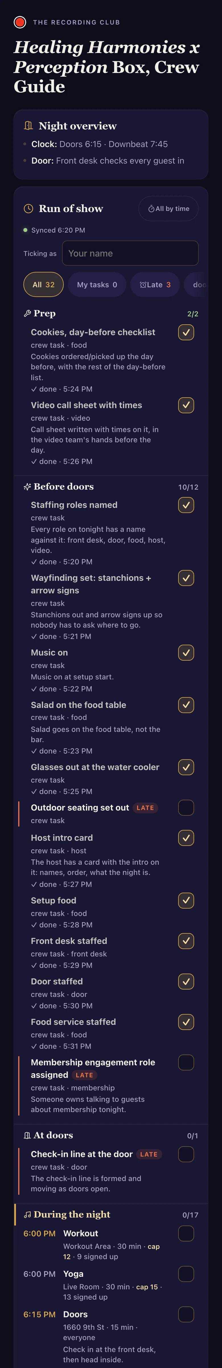 Crew guide with the run of show grouped by phase and tickable tasks