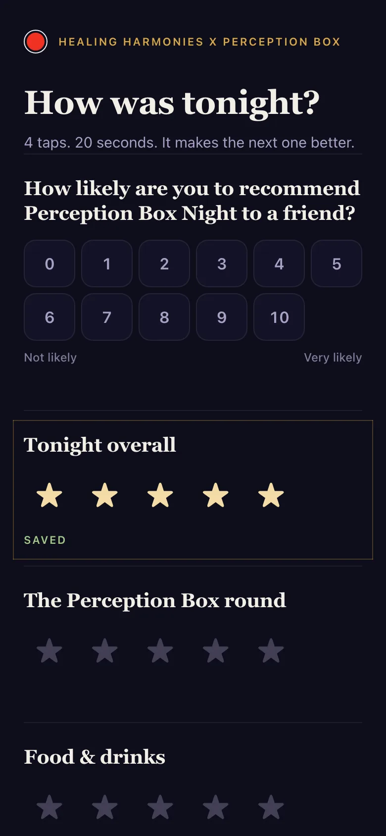Guest survey with a 0 to 10 recommend scale and star ratings
